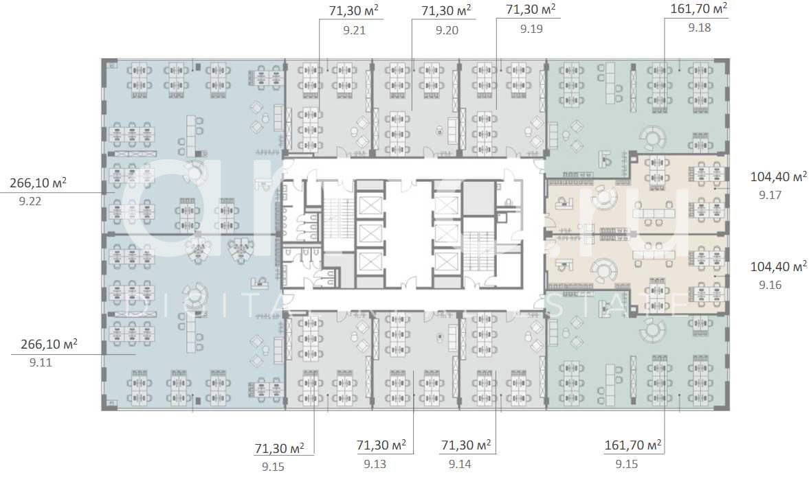 Планировка офиса 70.4-1490.6 м², 9 этаж, Бизнес-парк «Останкино»